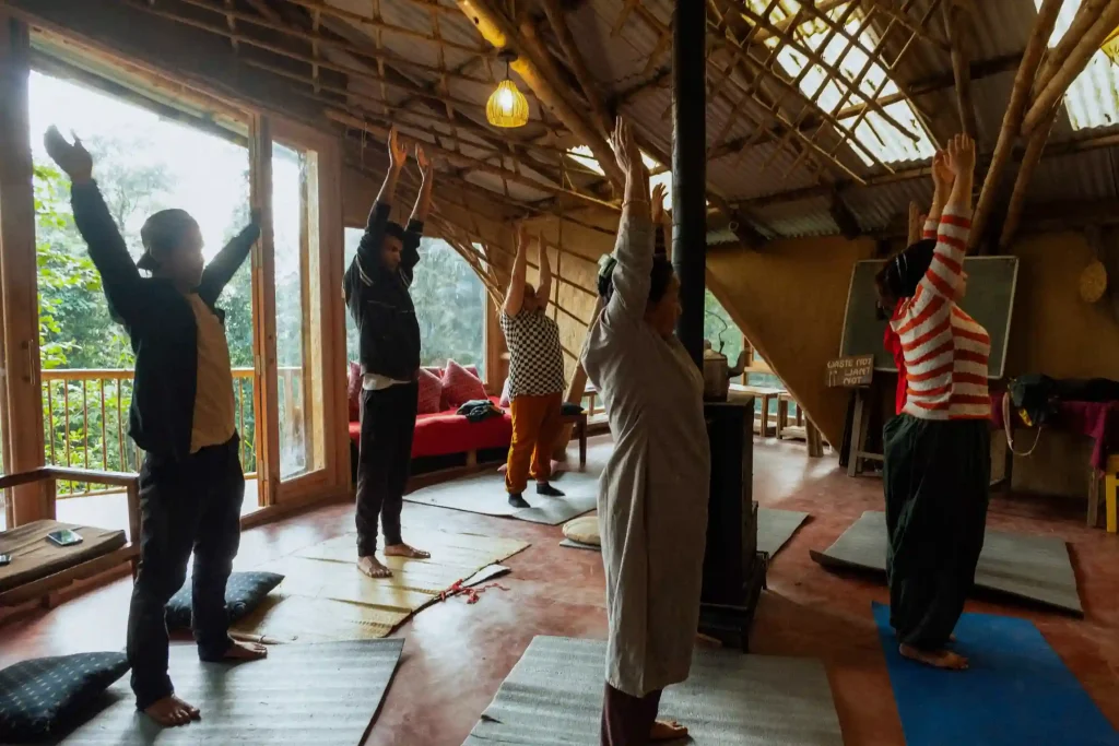 Team practicing Uttanasana – a grounding yoga stretch that releases tension and connects breath with movement. TIEEDI, Darjeeling.